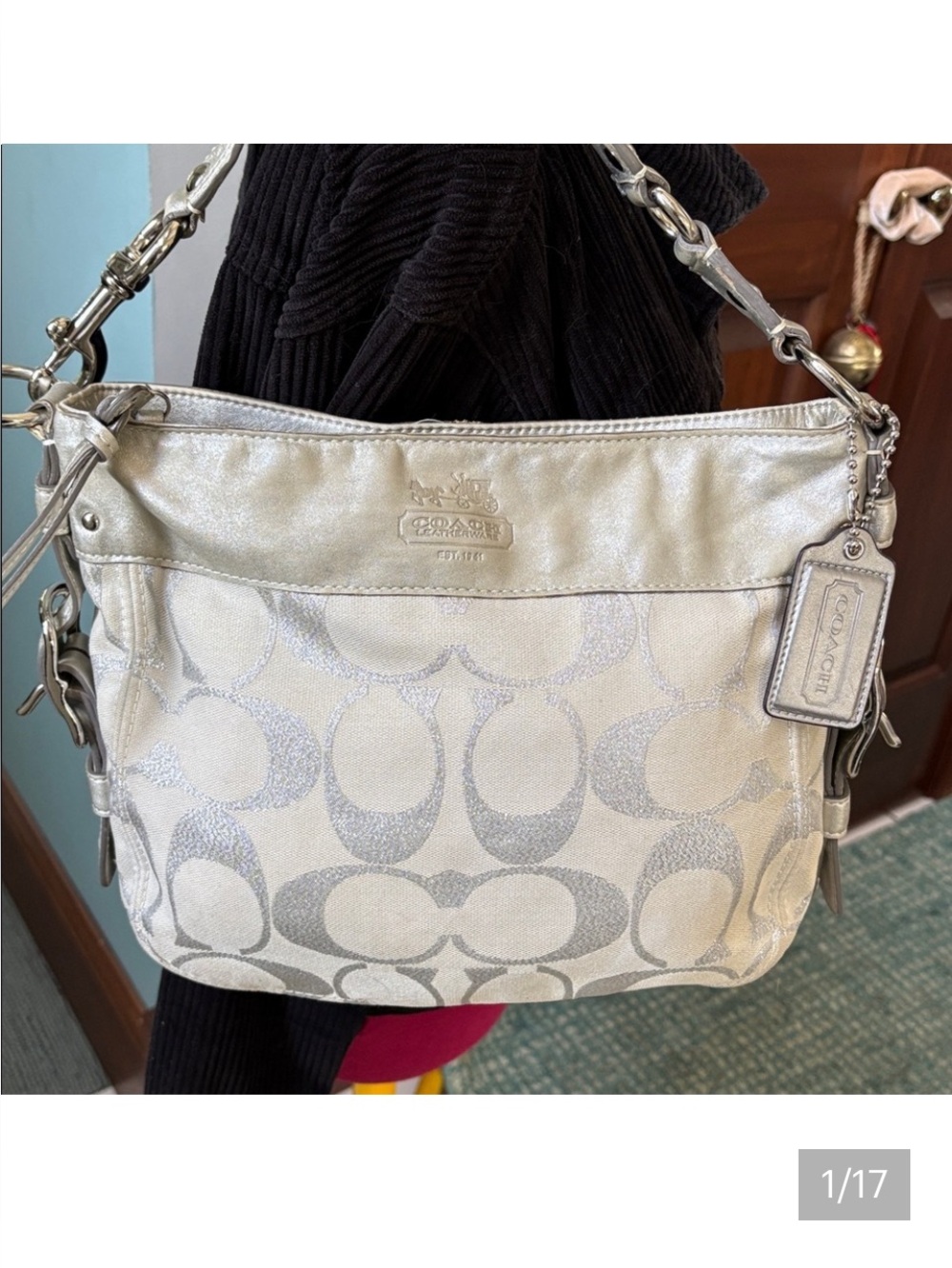 Coach  13671  signature optic Zoe vintage shoulder bag  satchel  silver metallic